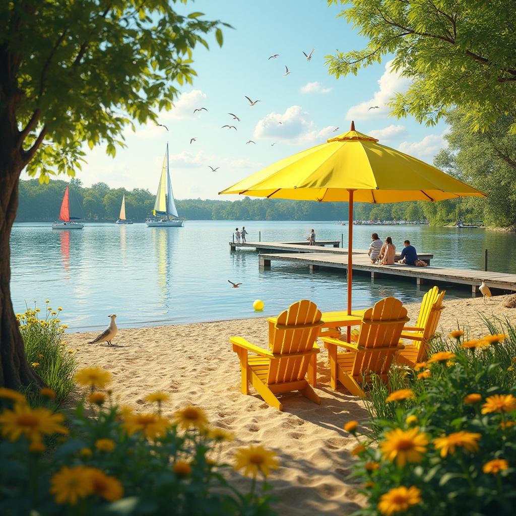 Prompt: Lakefront, sunny day, warm yellow tone, vibrant flowers, lush greenery, wooden dock, calm water reflection, sailboats, seagulls flying overhead, a few people walking along the shore, bright yellow beach balls scattered around, Adirondack chairs with yellow cushions, a large yellow umbrella shading a picnic area, gentle lake breeze, soft focus, warm lighting, 3/4 composition, panoramic view.