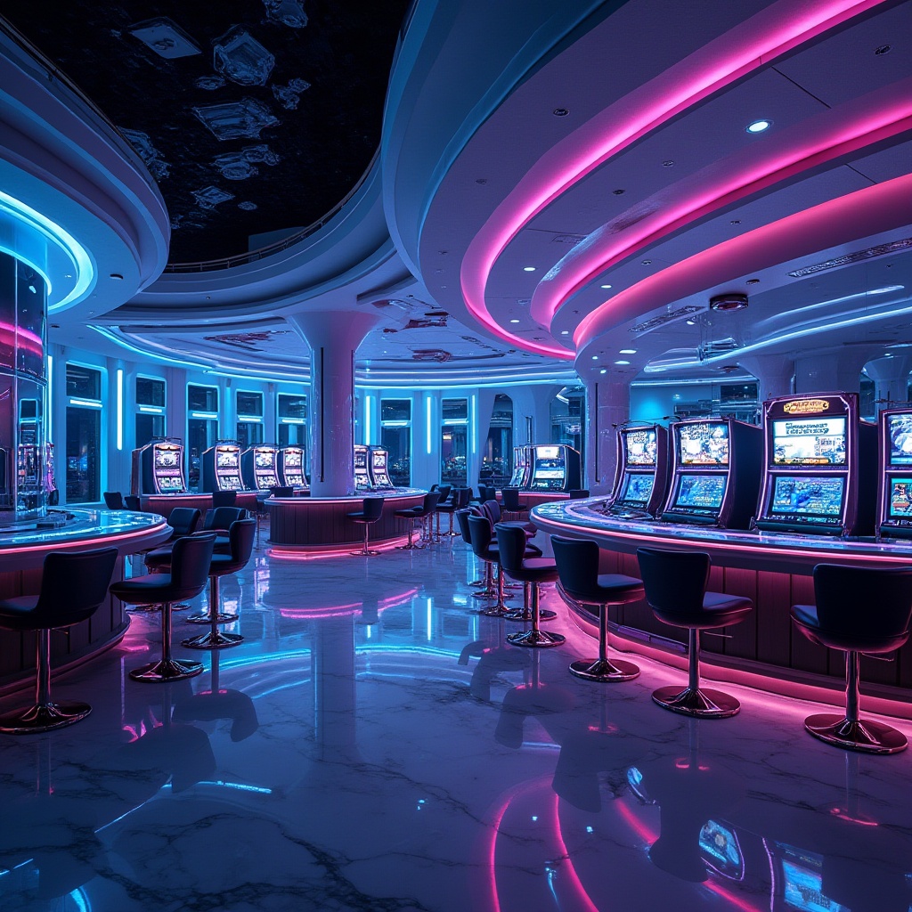 Prompt: Futuristic casino interior, high-tech ambiance, innovative plasticrete structures, curved lines, neon lights, glossy finish, metallic accents, luxurious chandeliers, VIP lounge area, private gaming tables, LED screens displaying odds and statistics, 3D projection mapping on ceiling, futuristic slot machines, robotic dealers, holographic projections, marble floors, sleek pillars, ambient blue and purple lighting, shallow depth of field, cinematic composition.