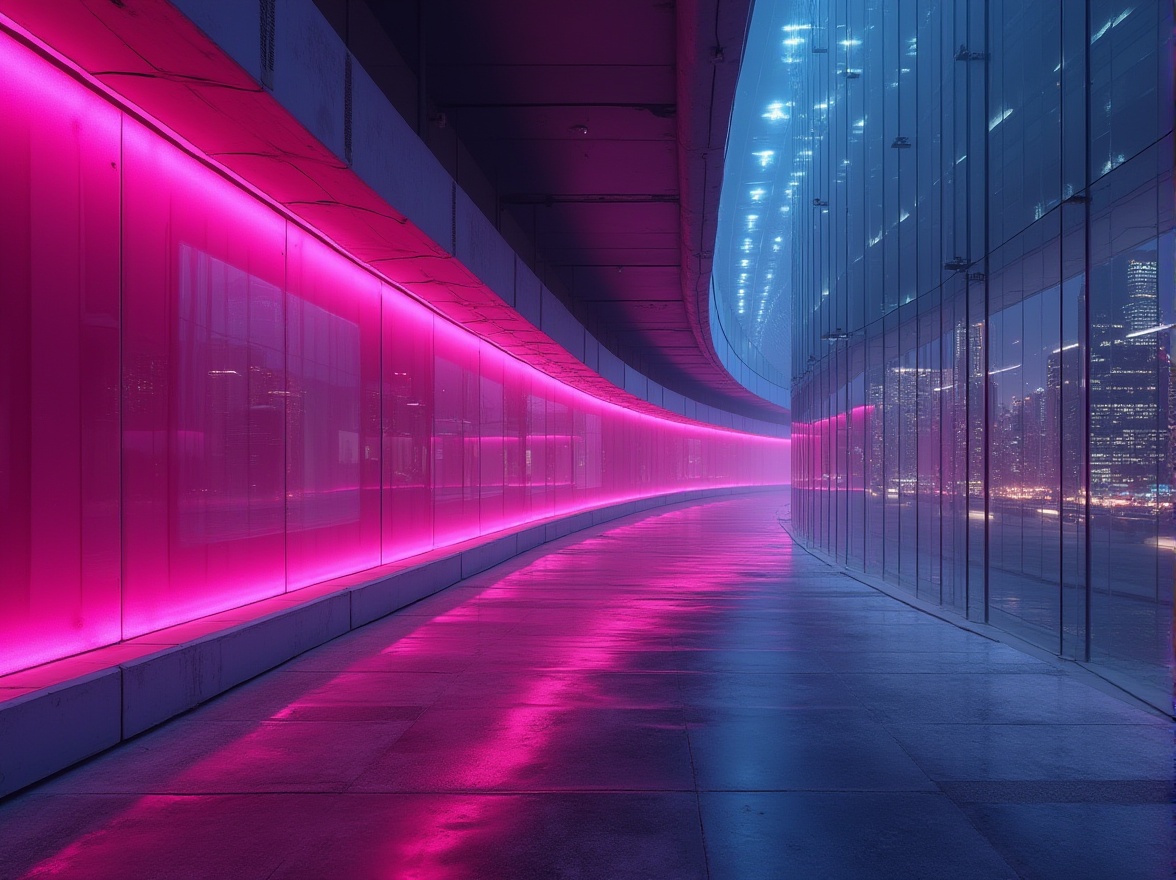 Prompt: Futuristic architecture, vibrant fuchsia accent wall, sleek metallic frame, modern LED lighting, urban cityscape, night scene, dramatic shadows, neon lights reflecting off glass surfaces, bold geometric shapes, abstract patterns, intricate details, dynamic composition, low-angle shot, cinematic mood, atmospheric fog, misty ambiance, soft glow, 3/4 composition, wide-angle lens.