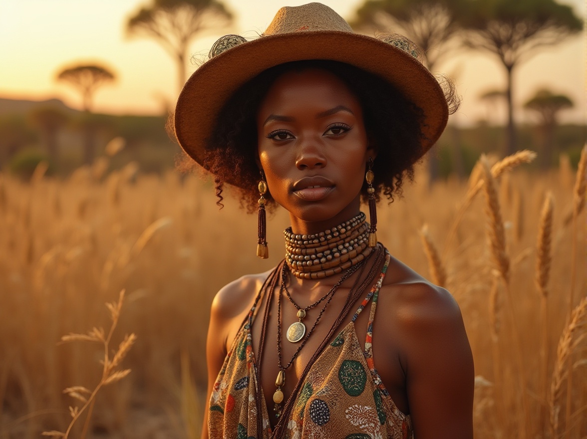 Prompt: Savannah-inspired design elements, African patterned textiles, natural earth tones, woven baskets, rustic wooden accents, pampas grass, vintage safari hat, layered necklaces, statement earrings, bold tribal makeup, warm golden lighting, soft focus, 3/4 composition, shallow depth of field, sun-kissed skin, freckles, Afro hair, flowy maxi dress, earthy tones, natural fabrics, relaxed pose, serene atmosphere, African savannah landscape, acacia trees, sunset sky, warm color palette.