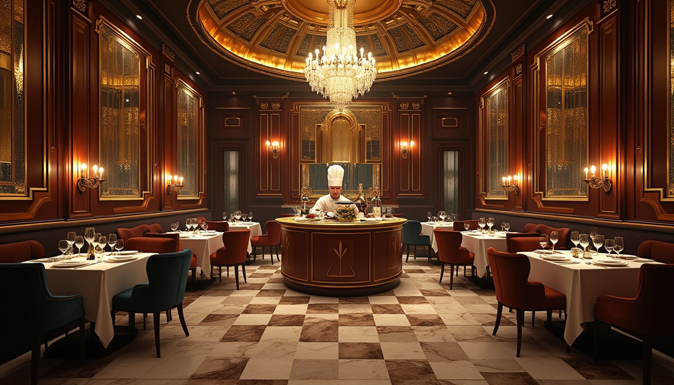 Prompt: Luxurious restaurant, art deco style, high ceiling, chandelier, geometric patterns, metallic materials, ornate mirrors, velvet drapes, grand staircase, marble floor, elegant tables, crystal glasses, champagne bottle, luxurious food, chef's hat, cooking utensils, kitchen interior, warm lighting, intimate atmosphere, soft jazz music, 1920s vibe, sophisticated ambiance.