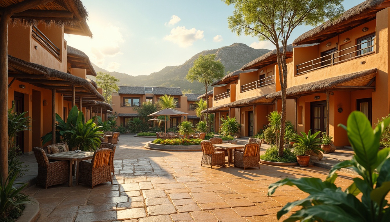 Prompt: Savanna housing community, African-inspired architecture, earthy tones, curved lines, natural materials, wooden accents, thatched roofs, communal courtyard, vibrant colors, patterned textiles, wicker furniture, lush greenery, tropical plants, sunny afternoon, warm soft light, 3/4 composition, shallow depth of field, ambient occlusion, cinematic color grading.