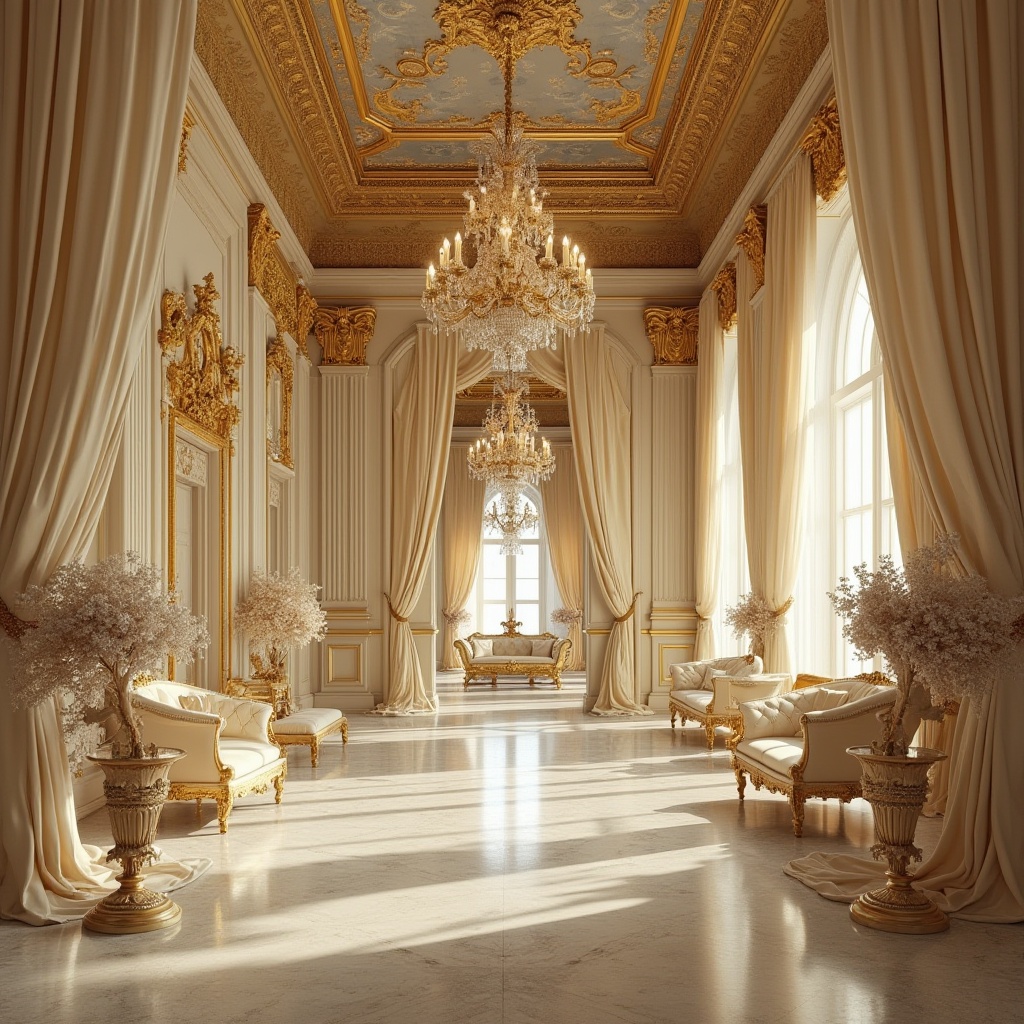 Prompt: Baroque interior, cream color dominant, luxurious velvet fabrics, golden ornate frames, intricate carvings, grandiose chandelier, marble floors, soft warm lighting, richly textured walls, lavish furnishings, regal atmosphere, European palace, 17th century style, dramatic composition, shallow depth of field.