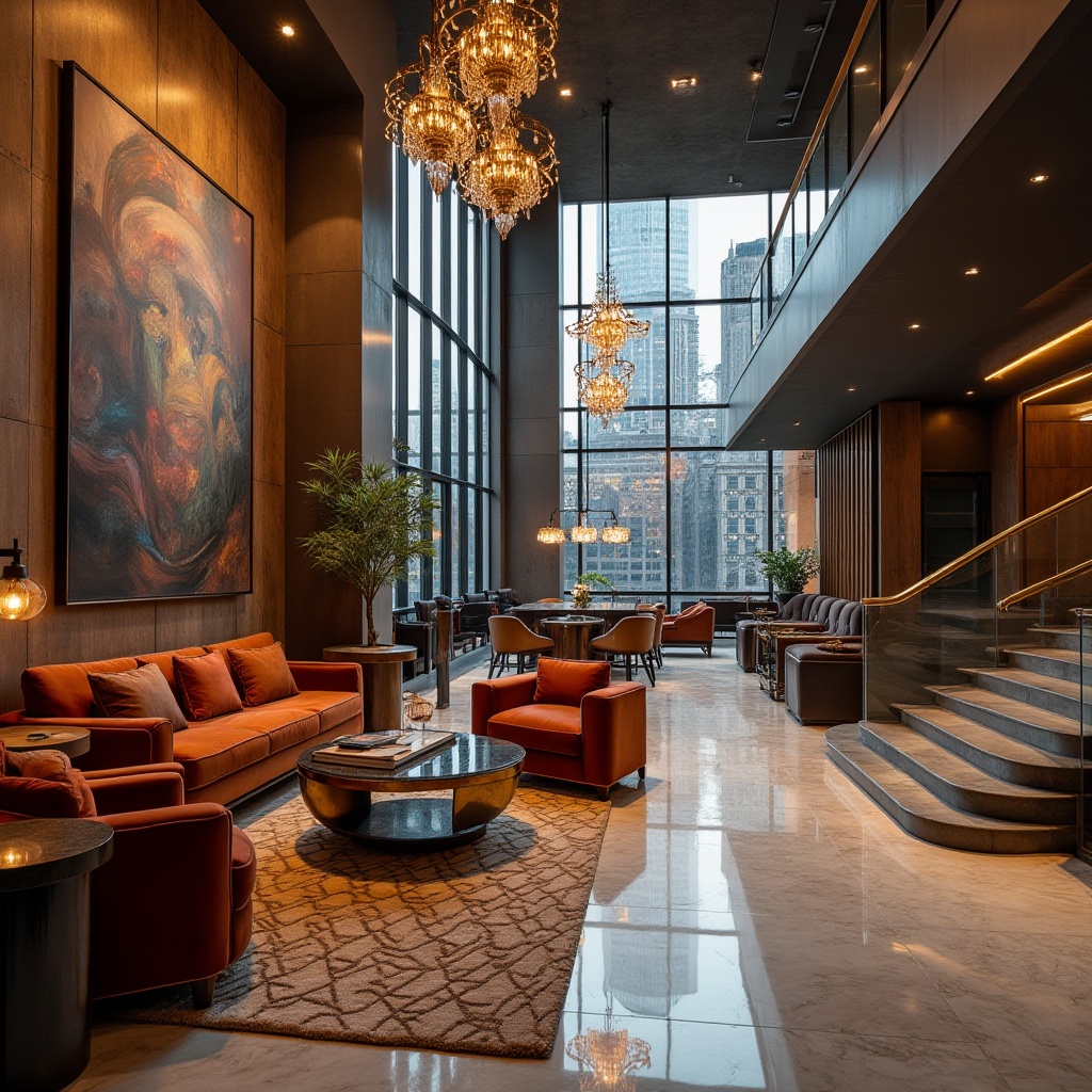 Prompt: Eclectic hotel lobby, urban influences, modern chandeliers, marble floors, abstract artwork, luxurious velvet sofas, geometric patterned rugs, metallic accents, reclaimed wood walls, grand staircase, floor-to-ceiling windows, cityscape views, skyscraper background, warm ambient lighting, 3/4 composition, cinematic mood.