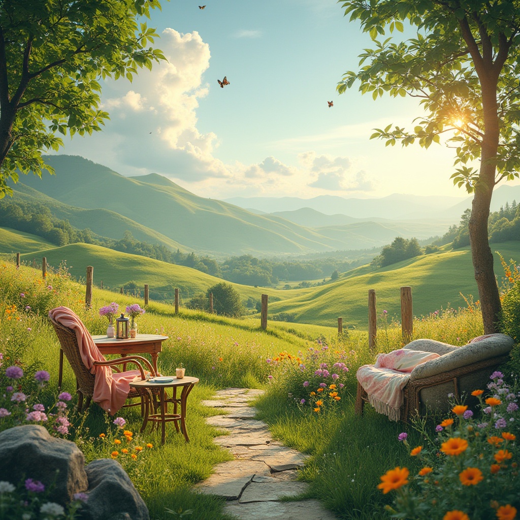 Prompt: Serene meadow scene, harmonious spaces, natural atmosphere, warm sunlight filtering through fluffy white clouds, rolling hills with lush green grass, colorful wildflowers blooming in vibrant colors, few butterflies and bees flying around, a winding stone path, rustic wooden fence, cozy outdoor seating area, vintage metal lanterns, soft pastel-colored blankets, woven wicker furniture, gentle breeze rustling the leaves, peaceful ambiance, warm lighting, 3/4 composition, soft focus on background, cinematic feel.