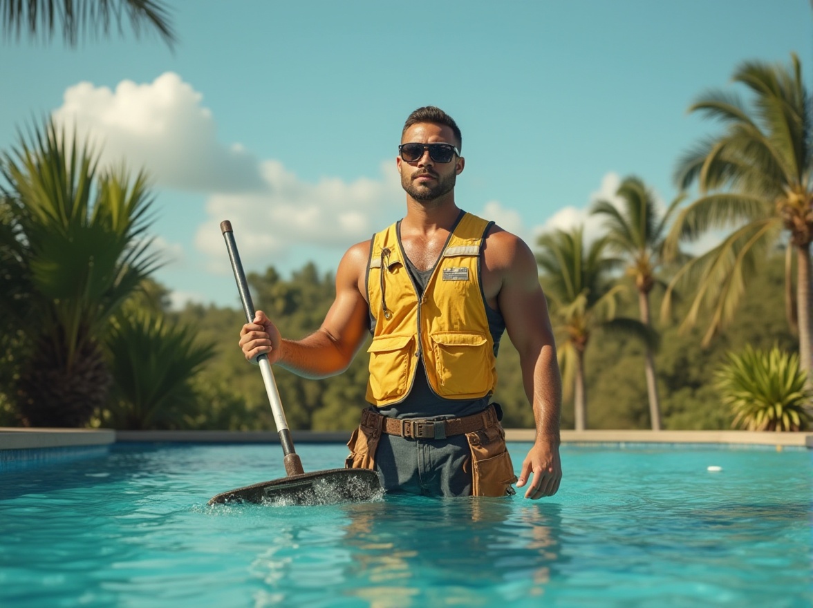 Prompt: Maintenance worker, male, 30s, muscular build, short hair, sunglasses, yellow vest, tool belt, holding a pool skimmer, standing by the side of a Chukum pool, surrounded by tropical plants, palm trees, sunny day, clear blue sky, few white clouds, warm lighting, shallow depth of field, realistic texture, outdoor setting.