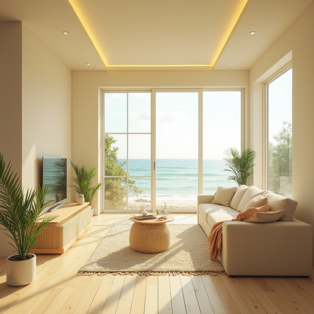 Prompt: Coastal design, light yellow color scheme, beach house, villa, ocean view, large windows, sliding glass doors, minimal modern interior, creamy white walls, light wood flooring, woven rattan furniture, natural textiles, potted palm trees, seashell decorative accents, calming atmosphere, soft warm lighting, 3/4 composition, panoramic view, gentle morning sunlight, serene ambiance.