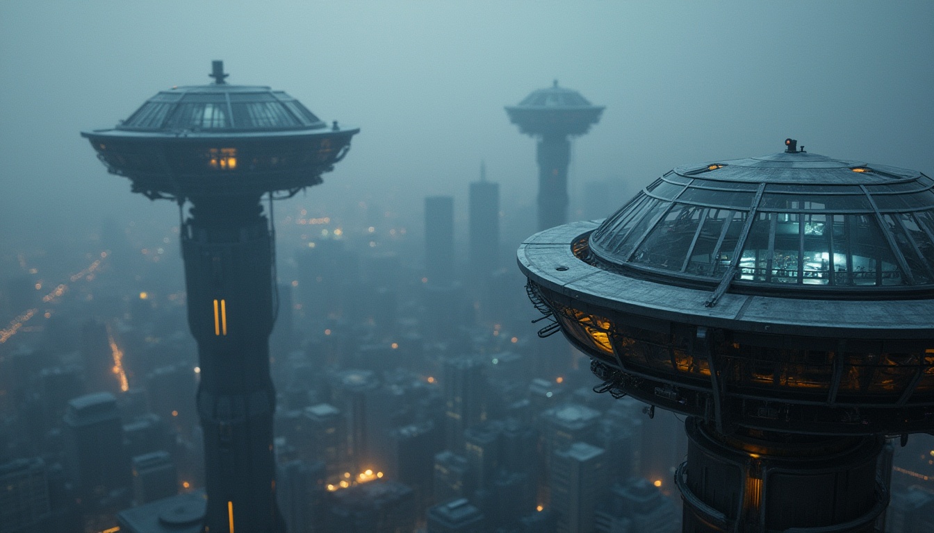 Prompt: Watching towers, futuristic architecture, sleek metallic structure, circular shape, glass observatory deck, intricate mechanical details, neon lights, night scene, cityscape background, foggy atmosphere, soft misty lighting, 3/4 composition, high-angle shot, dramatic shadows, urban landscape, sci-fi elements, industrial materials.