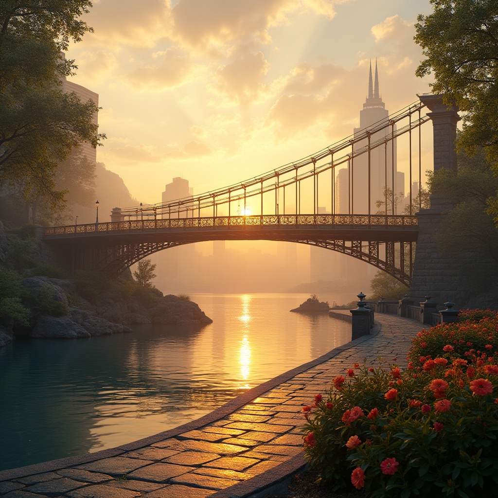 Prompt: Golden bridge, ornate iron railing, sunset time, warm golden light, reflections on calm water, majestic cityscape, skyscrapers, urban landscape, modern architecture, gentle mist, atmospheric perspective, shallow depth of field, vibrant flowers blooming, lush greenery, stone pavement, intricate stonework, warm ambient lighting, cinematic composition, 3/4 view angle, high contrast ratio.