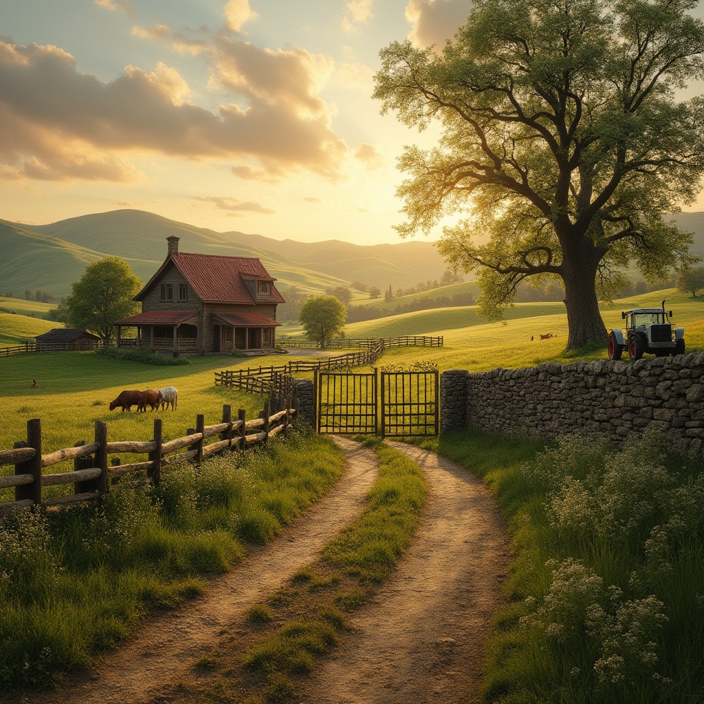 Prompt: Rural landscape, traditional farmhouse, rolling hills, green pastures, wooden fences, wildflowers blooming, sunset time, warm golden light, rustic metal gate, old oak tree, winding dirt road, few cows grazing, vintage tractor parked aside, natural stone walls, earthy tone, serene atmosphere, panoramic view, 3/4 composition, soft focus, warm color palette, filmic texture.