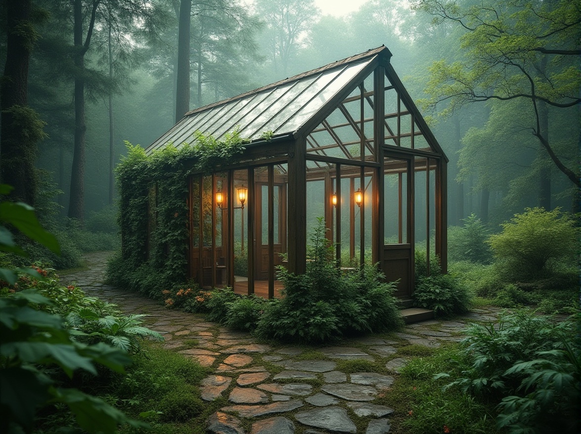 Prompt: Secluded forest, lush greenery, misty atmosphere, wooden greenhouse, vines crawling up the walls, transparent glass roof, steel frame structure, modern minimalist design, surrounded by tall trees, ferns and wildflowers, natural stone foundation, moss-covered pathway leading to the entrance, soft warm lighting, subtle fog effects, 3/4 composition, cinematic depth of field, serene ambiance.