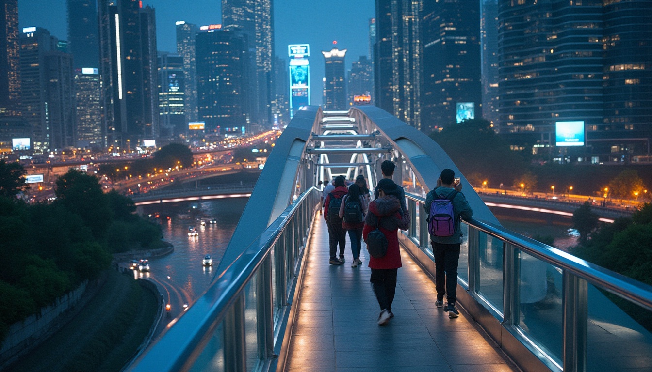 Prompt: Urban pedestrian bridge, modern architecture, steel structure, glass railing, LED lighting, nighttime, cityscape, skyscrapers, bustling streets, vehicles moving below, people walking, solo, group, different ages, casual clothing, backpacks, holding hands, taking selfies, scenic river view, greenery, urban planning, 3/4 composition, low-angle shot, dramatic lighting, futuristic ambiance.