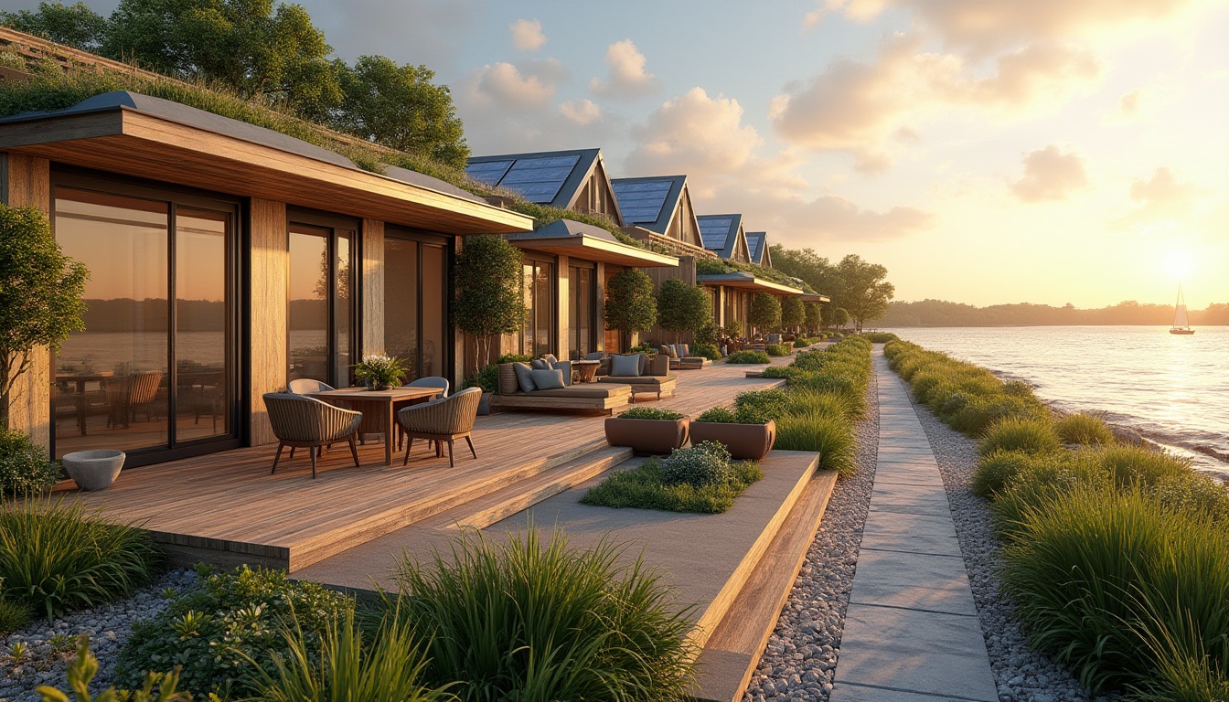 Prompt: Lakefront living, social housing, modern architecture, wooden deck, floor-to-ceiling windows, sliding glass doors, outdoor furniture, green roof, solar panels, eco-friendly design, communal garden, walking path, lake shore, sailboats, sunset view, warm ambient lighting, panoramic composition, shallow depth of field, natural color palette.