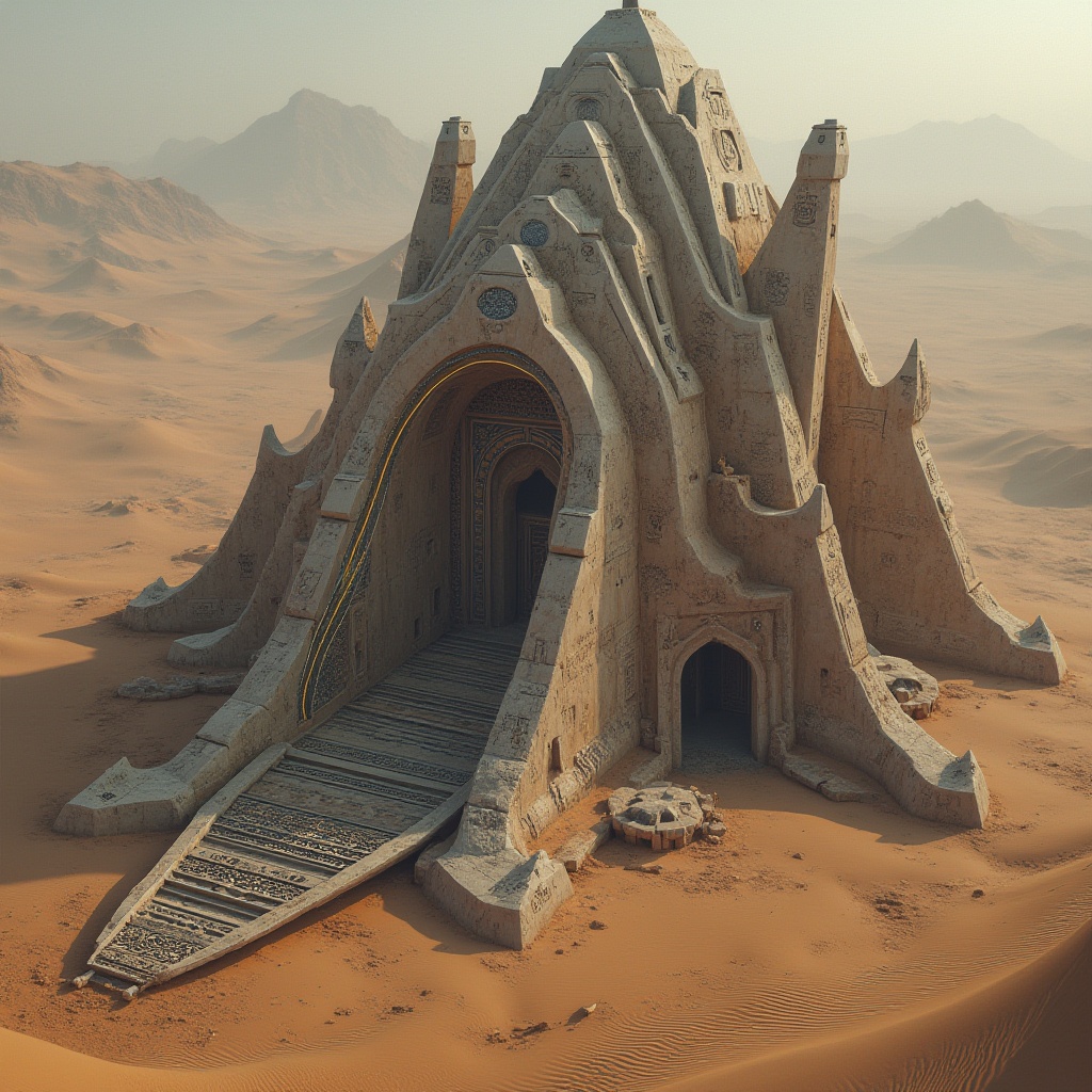 Prompt: Ancient desert monument, innovative design, futuristic architecture, sandy dunes background, intricate stone carvings, mysterious hieroglyphics, glowing neon accents, metallic structures, reflective surfaces, abstract shapes, monumental scale, dramatic shadows, low-angle sunlight, misty atmosphere, abandoned temple, ancient civilization, otherworldly ambiance.