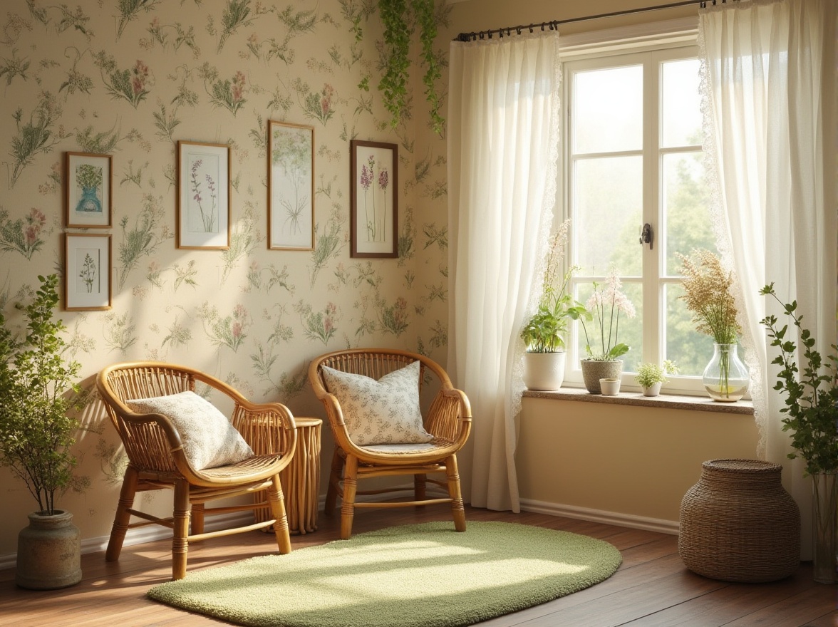 Prompt: Meadow-inspired interior, harmonious space, natural ambiance, flower-patterned wallpaper, soft green carpet, wooden furniture, rattan chairs, woven baskets, potted wildflowers, glass vase, sunlit window, sheer white curtains, delicate lace details, warm beige walls, rustic wooden floor, vintage botanical prints, cozy reading nook, plush throw pillows, serene atmosphere, morning light, 3/4 composition, soft focus, warm color palette.