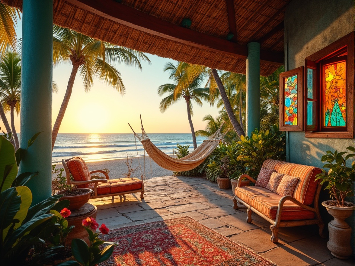 Prompt: Vibrant beachside villa, eclectic style, colored glass decorations, stained glass windows, turquoise accents, bohemian chic, tropical plants, palm trees, hibiscus flowers, driftwood furniture, woven hammock, ocean views, sunset time, warm golden light, soft focus, 3/4 composition, shallow depth of field, relaxed atmosphere, seaside breeze, natural textures, intricate patterns.