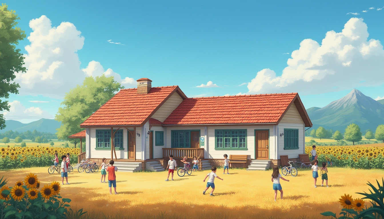 Prompt: Rural school, countryside setting, one-story building, red-tiled roof, white walls, green windows, wooden doors, surrounded by farmland, wheat fields, cornfields, sunflowers, distant mountains, blue sky with few clouds, warm sunlight, children playing outside, teachers supervising, bicycles parked, educational equipment, desks, chairs, blackboards, 3/4 composition, soft natural lighting, peaceful atmosphere.