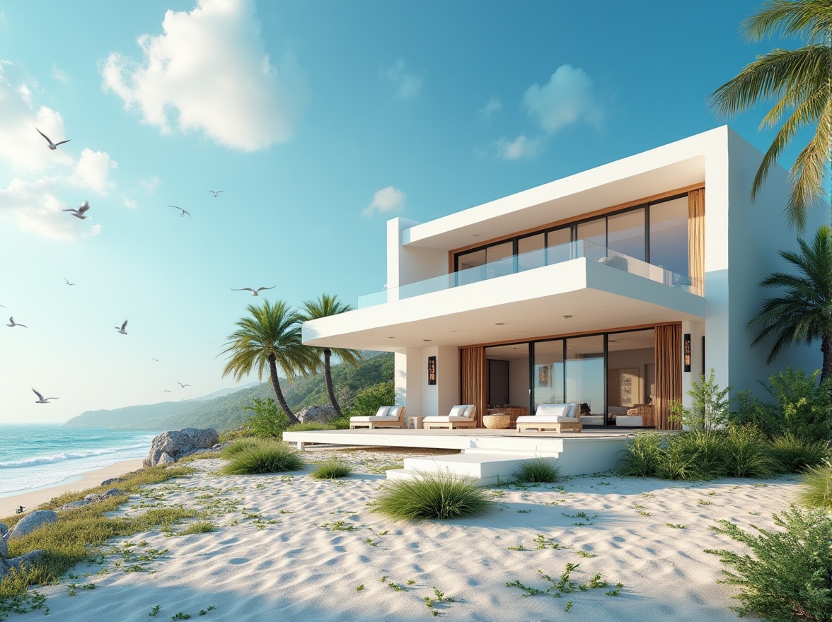 Prompt: Modern beach house, luxurious villa, minimalistic architecture, large windows, sliding glass doors, sleek lines, white walls, wooden accents, tropical plants, palm trees, beachside, sunny day, blue sky, fluffy clouds, gentle ocean breeze, waves crashing, seagulls flying overhead, warm lighting, panoramic view, 3/4 composition, shallow depth of field, vibrant colors, realistic textures.