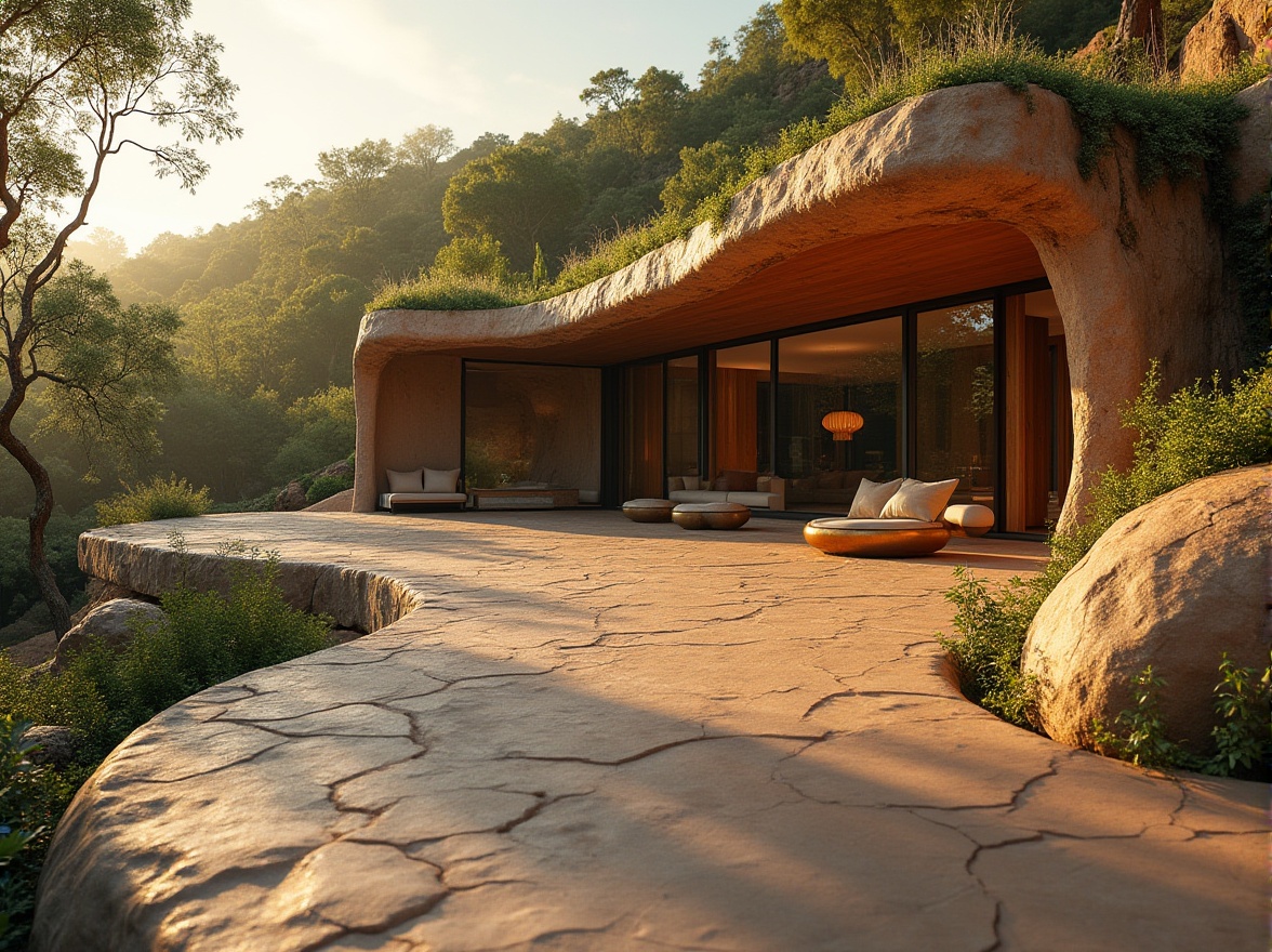 Prompt: Earth tone mud material, natural texture, irregular shape, cracked surface, sustainable design concept, eco-friendly architecture, modern villa, green roof, lush vegetation, wooden accents, large windows, warm lighting, cozy atmosphere, afternoon sun, gentle shadows, 3/4 composition, soft focus, warm color palette, natural ambiance.