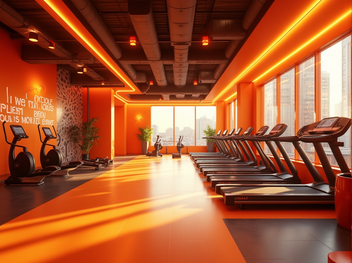 Prompt: Vibrant tangerine color scheme, modern fitness club interior, energetic atmosphere, sleek exercise equipment, motivational quotes on walls, dynamic lighting, futuristic architecture, panoramic view, 3/4 composition, low-angle shot, bold font, metallic texture, glossy finish, abstract background patterns, urban setting, cityscape, morning sunlight.