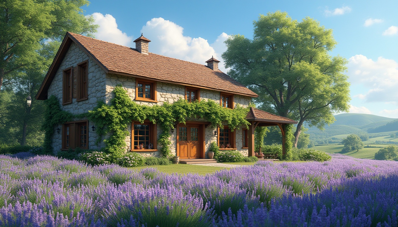 Prompt: Rustic barn, green architecture, lavender field, sunny day, clear blue sky, few white clouds, natural stone walls, wooden beams, large windows, lush greenery, vines crawling up the walls, lavender bouquets, hanging lanterns, old wooden doors, earthy tone, soft warm lighting, serene atmosphere, country side, rolling hills, wildflowers blooming, gentle breeze, afternoon, peaceful ambiance.