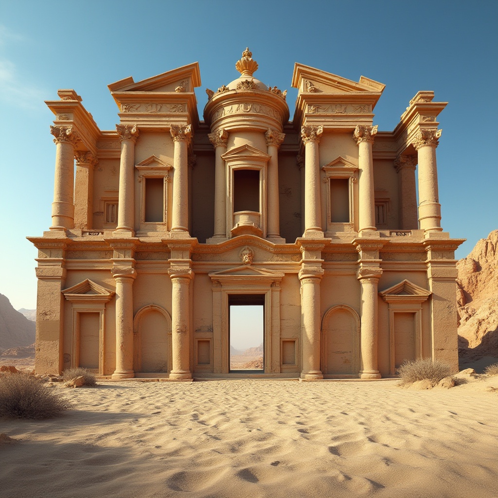 Prompt: Ancient monument, grandeur architecture, sandstone material, weathered texture, intricate carvings, colossal pillars, majestic arches, desert landscape, sandy dunes, clear blue sky, warm sunlight, low-angle shot, dramatic shadows, 3/4 composition, natural lighting, cinematic mood.