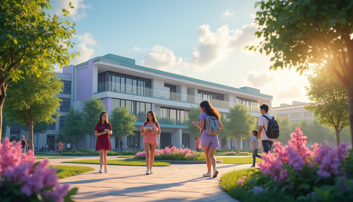 Prompt: Modern school building, lilac-colored walls, white windows, green roof, surrounded by lush trees, flower beds with blooming lilacs, students walking on campus pathways, backpacks and laptops, casual outfits, bright smiles, warm sunlight casting long shadows, 3/4 composition, soft focus on background, shallow depth of field, vibrant colors, playful atmosphere, panoramic view, afternoon light, cinematic mood.