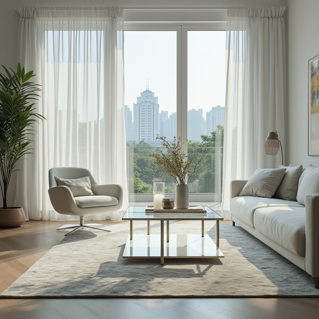 Prompt: Modern interior design, luxurious living room, glass material, transparent coffee table, sleek metal legs, minimalist decor, white walls, floor-to-ceiling windows, natural light pouring in, greenery on balcony, cityscape view, 3/4 composition, softbox lighting, HDR, cinematic ambiance.