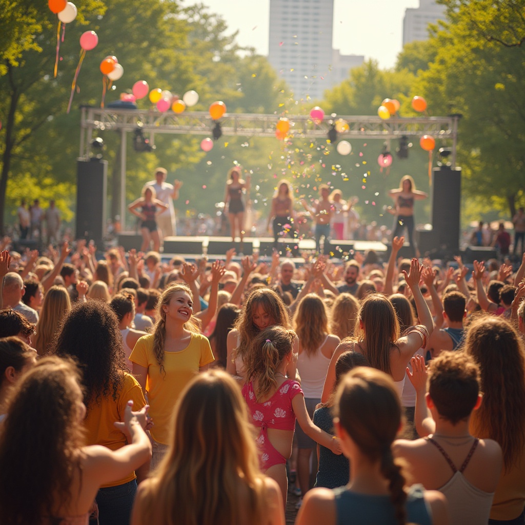 Prompt: Vibrant community scene, diverse group of people, all ages, smiling faces, colorful clothing, outdoor amphitheater, city park, sunny afternoon, warm lighting, lush greenery, stage with microphones, musical instruments, dance costumes, balloons and streamers, joyful atmosphere, dynamic composition, people clapping hands, cheering crowd, confetti popping, camera capturing moments, shallow depth of field, bokeh effect.