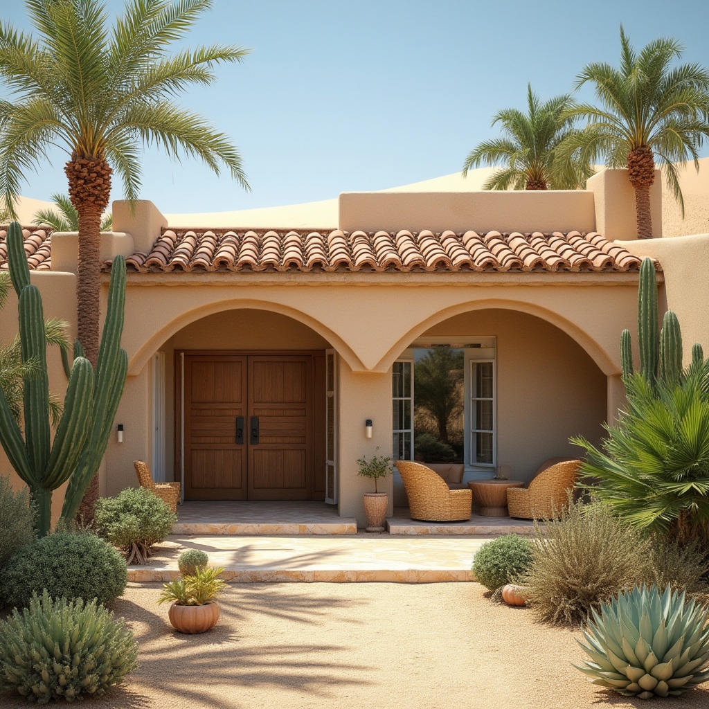 Prompt: Desert villa, Gainsboro color, warm beige exterior walls, curved arches, terracotta roof tiles, lush greenery surrounding, cacti plants, palm trees, wooden door with metal handles, large windows with white shutters, outdoor seating area, wicker furniture, desert landscape, sandy dunes, clear blue sky, sunny weather, afternoon lighting, 3/4 composition, soft focus on background.