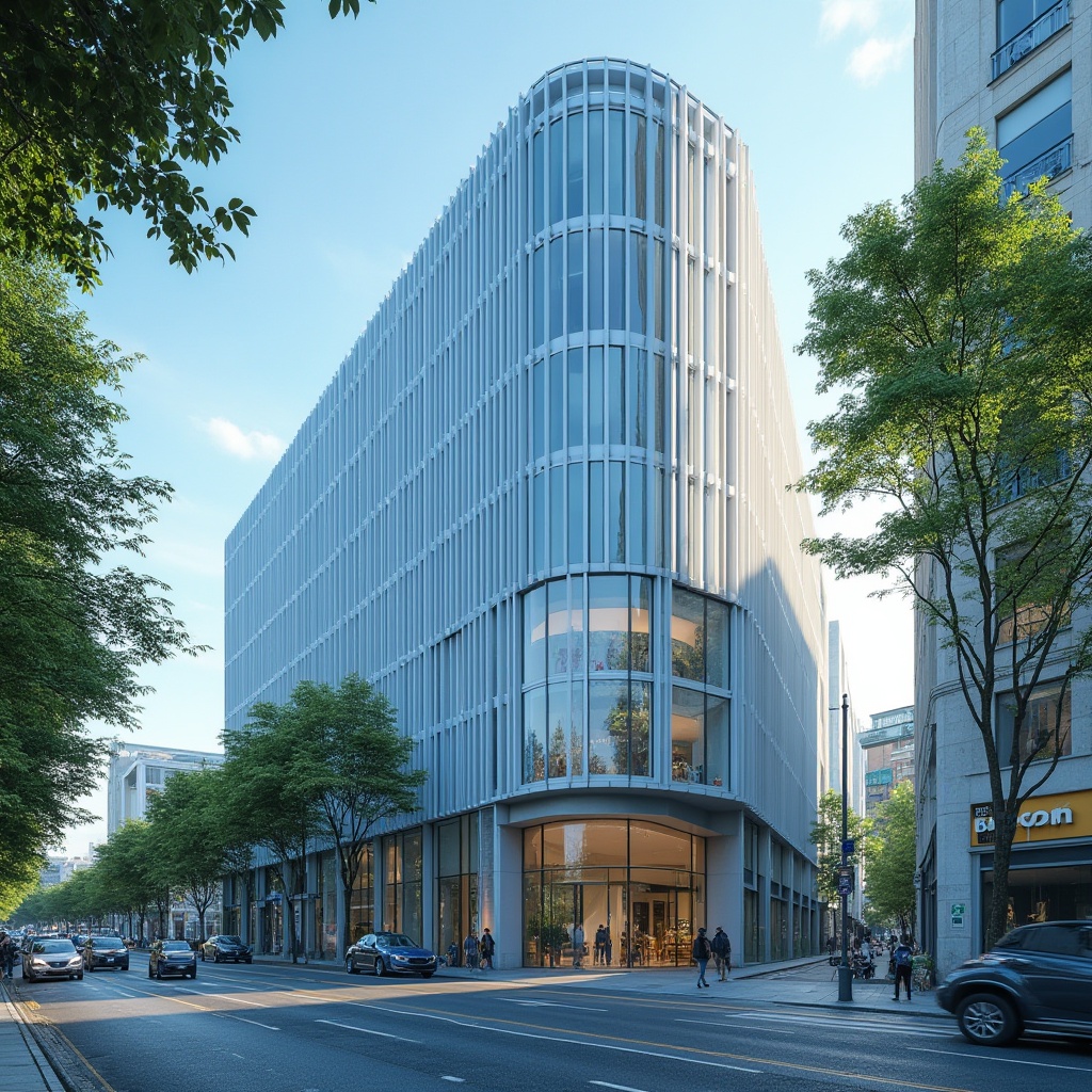 Prompt: Powder blue building, modern architecture, sleek lines, curved façade, glass windows, steel frames, minimalist design, cityscape, urban jungle, busy streets, contrast with green trees, vibrant flowers, afternoon sunlight, soft shadows, 3/4 composition, low-angle shot, cinematic lighting, subtle reflections on glass.