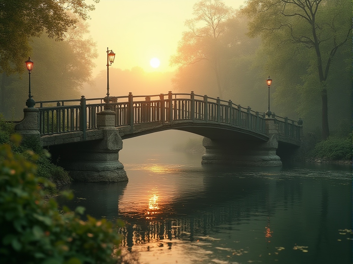 Prompt: Olive green bridge, modern design, minimalist, gentle curves, sleek lines, subtle texture, warm ambient lighting, misty atmosphere, serene river flowing underneath, lush greenery surrounding, rustic stone pillars, wooden railings, vintage lamp posts, soft focus, shallow depth of field, cinematic composition, warm sunset glow, peaceful evening scene, natural scenery, harmonious colors.