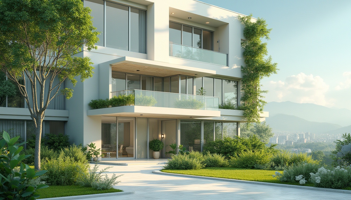 Prompt: Light green building, modern villa, large windows, minimalist design, sleek lines, vertical garden, lush greenery, natural light, airy atmosphere, soft focus, warm tone, gentle shadows, morning dew, subtle texture, ceramic tiles, wooden accents, steel frames, urban setting, cityscape background, distant mountains, blue sky, fluffy white clouds, dramatic lighting, 3/4 composition.