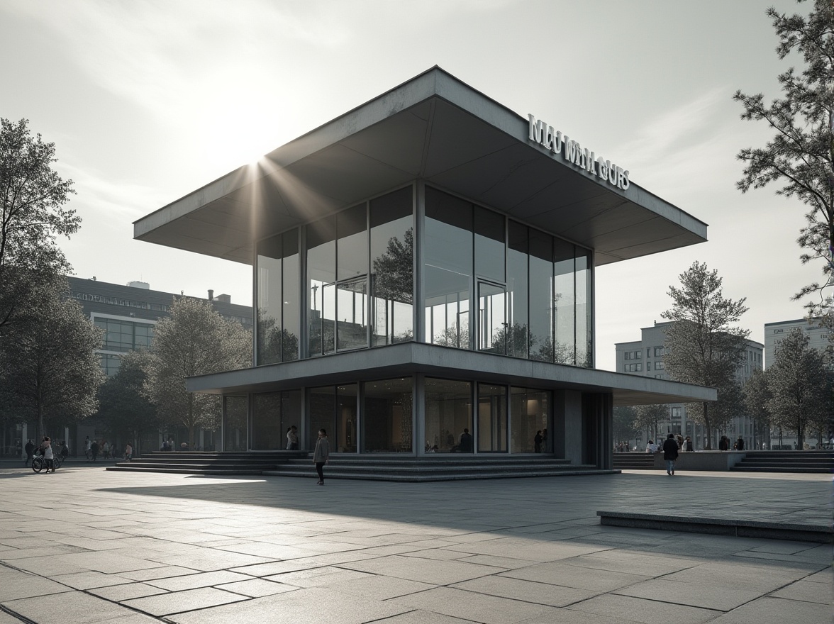 Prompt: Modern Bauhaus pavilion, solo, geometric shape, clean lines, minimal ornamentation, functionality emphasis, steel frame, glass walls, open floor plan, natural light, industrial materials, brutalist architecture, urban landscape, city square, afternoon sun, dramatic shadows, low-angle shot, symmetrical composition, high contrast, monochromatic color scheme.