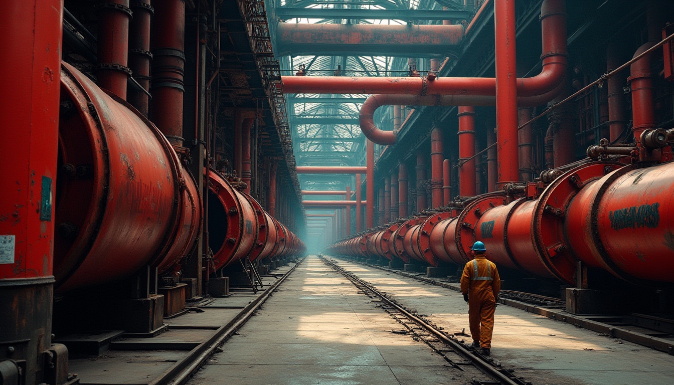 Prompt: Industrial factory, red accents, vibrant machinery, metallic surfaces, rusty pipes, bold crimson signage, safety helmets, worker uniforms, steel beams, concrete floors, bright overhead lighting, dramatic shadows, low-angle composition, cinematic atmosphere, gritty texture, urban landscape, cityscape background.