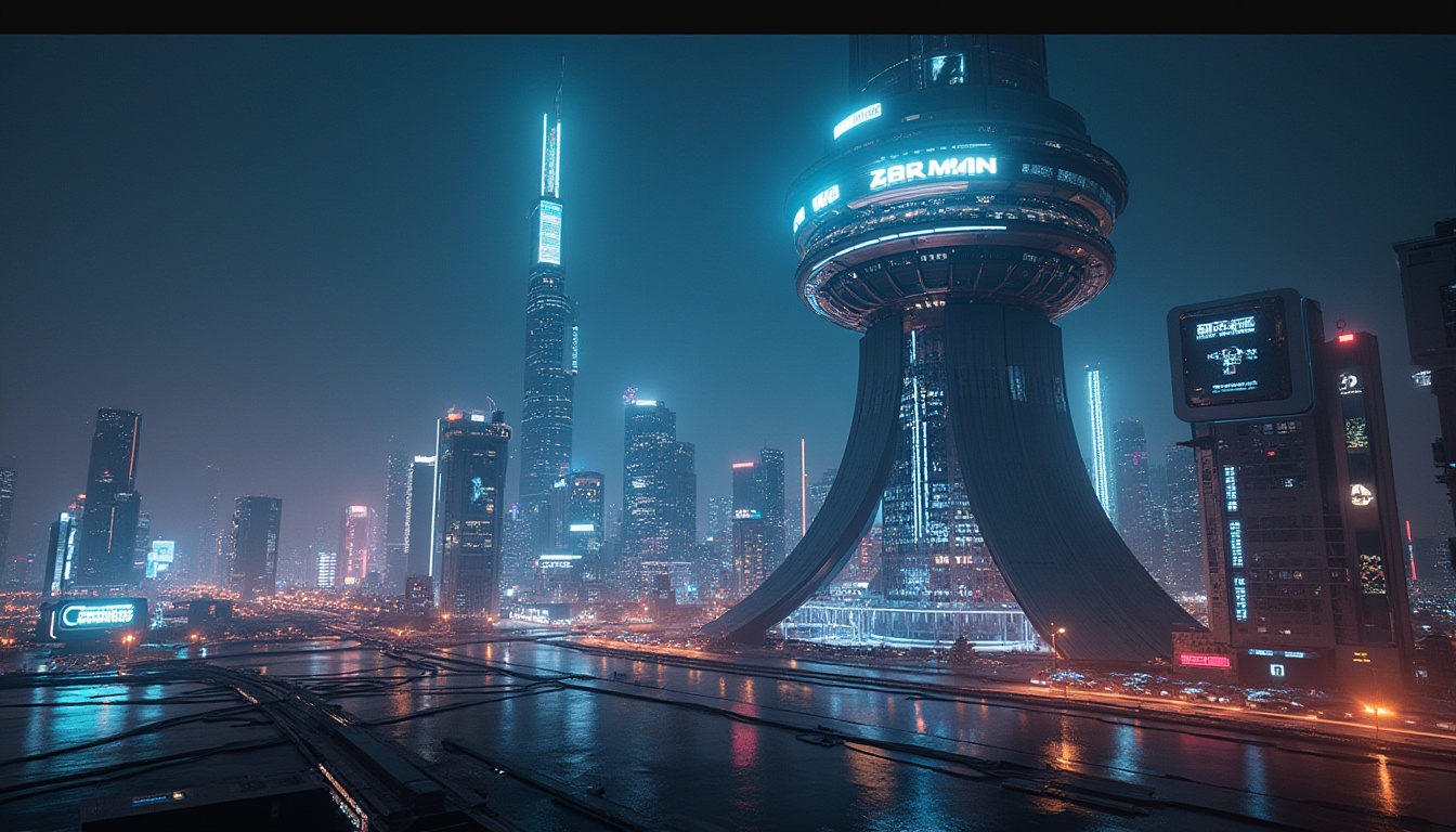 Prompt: Futuristic skyscraper, modern watchtower, sleek metallic exterior, neon lights, towering height, urban cityscape, bustling streets, holographic advertisements, vibrant nighttime scene, low-angle shot, dramatic lighting, 3/4 composition, cyberpunk atmosphere, reflective glass windows, geometric shapes, minimalist interior design, high-tech gadgets, futuristic control room, panoramic view of the city.