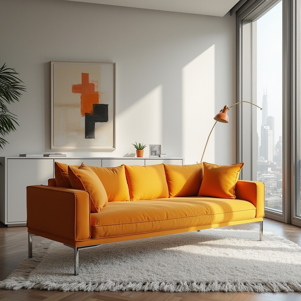 Prompt: Vibrant tangerine accent, minimalist interior, modern living room, sleek low-profile couch, chrome legs, geometric patterns, monochromatic color scheme, abstract art piece, natural light pouring through floor-to-ceiling windows, urban skyscraper view, morning sunbeams, soft shadows, 3/4 composition, shallow depth of field, cinematic lighting.