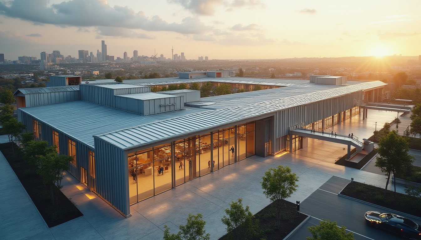 Prompt: Modern school building, galvanized steel structure, sleek lines, industrial chic, urban landscape, cityscape, afternoon sun, warm lighting, shallow depth of field, architectural photography, symmetrical composition, geometric shapes, clean minimalism, educational institution, learning environment, innovation, sustainability, eco-friendly materials, corrugated metal roofing, exposed ductwork, polished concrete floors, green walls, natural ventilation systems, open classrooms, collaborative spaces, futuristic ambiance, vibrant colors.