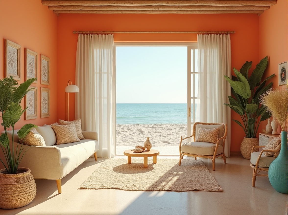 Prompt: Beach modernism, tangerine accent wall, cream-colored sandy dunes, warm beige floors, driftwood furniture, woven sea grass baskets, coral-inspired decorative accents, ocean breeze blowing through sheer white curtains, natural linen upholstery, turquoise glass vases, distressed wood shutters, tropical plants with waxy leaves, sunny afternoon, 3/4 composition, soft warm lighting, shallow depth of field.