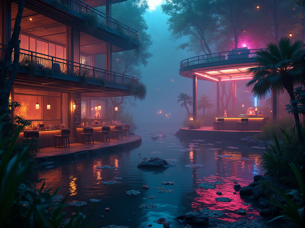 Prompt: Neon-lit nightclub, futuristic architecture, wetland environment, misty atmosphere, twinkling fireflies, lush greenery, murky waters, wooden dock, lanterns, water lilies, reeds, cattails, foggy background, ambient lighting, 3/4 composition, shallow depth of field, vibrant colors, metallic materials, glass walls, steel beams, DJ booth, dance floor, bar counter, stools, VIP area, staircases, balcony overlooking the wetland, mysterious ambiance, warm and cozy interior.