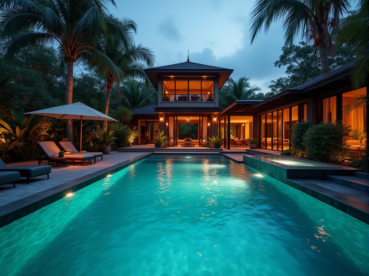 Prompt: Dark cyan pool, luxurious villa, backyard oasis, summer evening, warm ambient lighting, subtle gradient effect, water ripples, gentle lapping sound, surrounding lush greenery, tropical plants, palm trees, hardscape design, modern architecture, infinity edge, outdoor lounge chairs, refreshing cocktails, 3/4 composition, cinematic angle, soft focus, vibrant color palette.