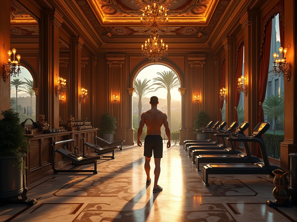 Prompt: Byzantine-inspired fitness club, luxurious interior, golden accents, ornate mosaics, marble floors, vaulted ceilings, grand chandeliers, majestic columns, opulent fabrics, rich textures, intricate patterns, warm ambient lighting, dramatic shadows, muscular male instructor, intense workout session, heavy dumbbells, kettlebells, barbell, exercise benches, mirrored walls, dark wood trim, ancient-inspired sculptures, lush greenery, serene courtyard, sunset view, warm color palette.