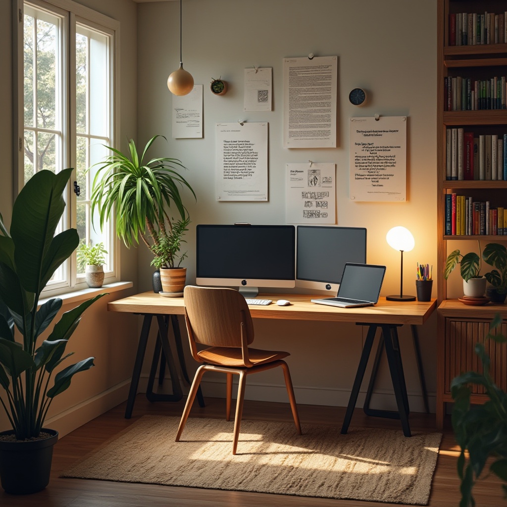 Prompt: Minimalist modern designer workspace, wooden desk, ergonomic chair, sleek laptop, multiple screens, artistic plants, warm indirect lighting, soft shadows, creative scattered papers, colorful pens, inspiring quotes on walls, motivational books on shelves, calm atmosphere, 3/4 composition, shallow depth of field, soft focus, realistic textures.