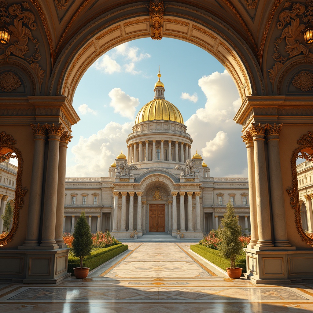 Prompt: Luxurious building, golden dome, intricate patterns, ornate columns, grand entrance, marble floors, ornamental chandeliers, lavish interior design, regal atmosphere, afternoon sunlight, warm glow, dramatic shadows, 3/4 composition, symmetrical framing, classical architecture, Renaissance-inspired, majestic cityscape, urban landscape, blue skies, fluffy white clouds.