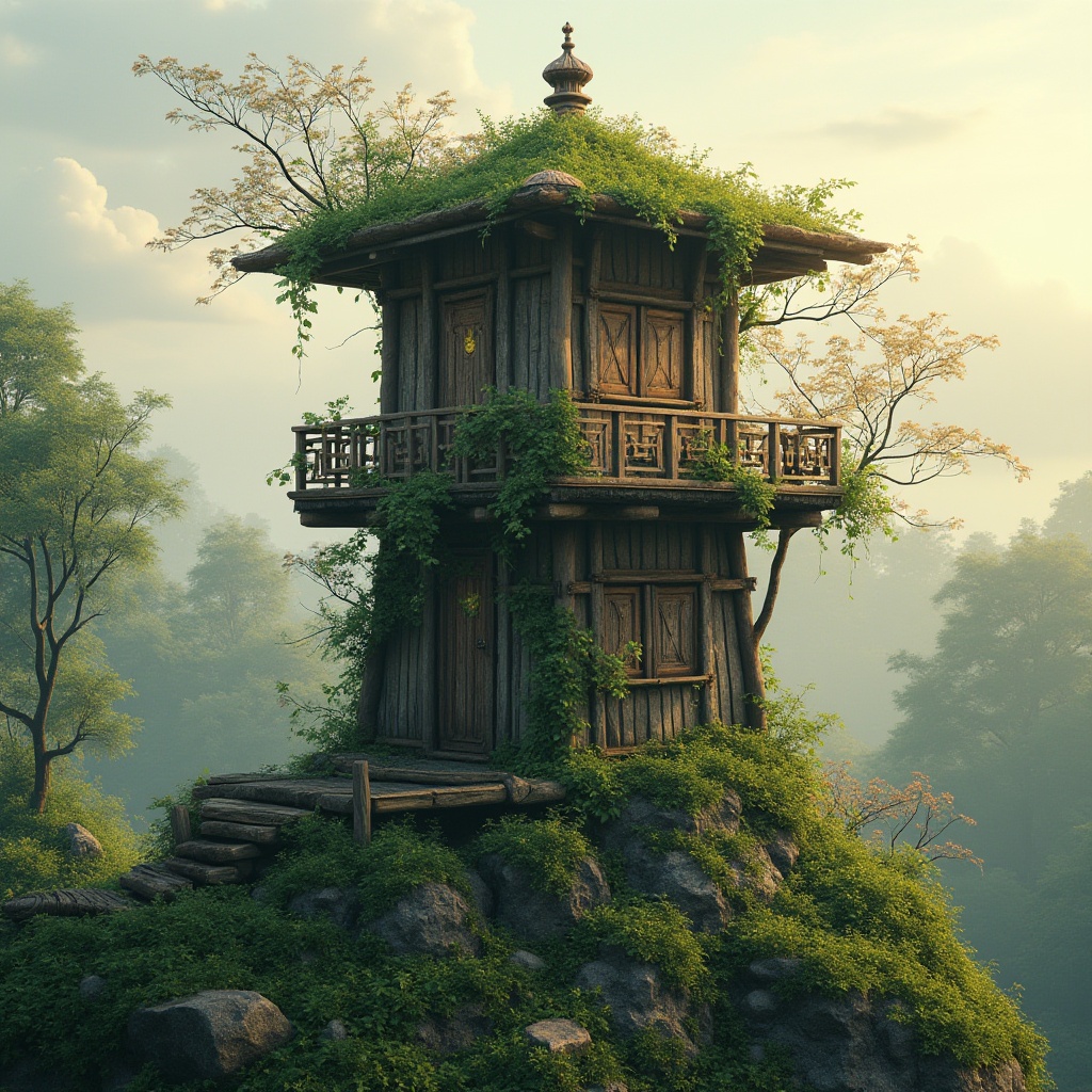 Prompt: Watching tower, harmonious blend with nature, wooden structure, vine-covered walls, blooming wildflowers on roof, lush greenery surrounding base, majestic trees nearby, misty morning atmosphere, soft warm lighting, subtle fog effect, gentle wind whispers, serene composition, 3/4 view angle, natural materials, earth tones, organic shape, intricate carvings, panoramic scenery.