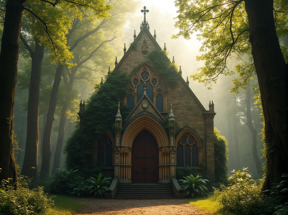 Prompt: Gothic church, surrounded by dense forest, tall trees, misty atmosphere, warm sunlight filtering through leaves, intricate stone carvings, stained glass windows, grand entrance with heavy wooden doors, lush green vines crawling up walls, moss-covered rooftops, peaceful surroundings, serene ambiance, natural materials, earthy tones, symmetrical composition, low-angle shot, warm golden lighting, cinematic mood.