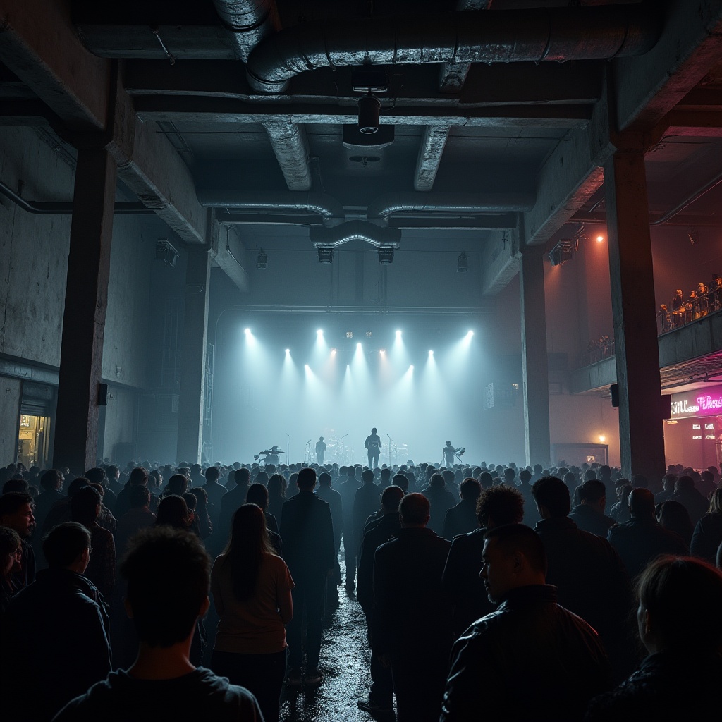 Prompt: Brutalist music venue, industrial-chic interior, exposed ductwork, concrete walls, steel beams, raw unfinished textures, minimalist lighting fixtures, avant-garde stage design, dramatic shadows, low-angle shot, atmospheric fog, spotlights, moody ambient color palette, urban cityscape outside, nighttime, rainy, misty, neon signs reflecting off wet pavement, crowded audience, eclectic fashion styles, bold hairstyles, ripped jeans, black leather jackets, punk rock accessories.