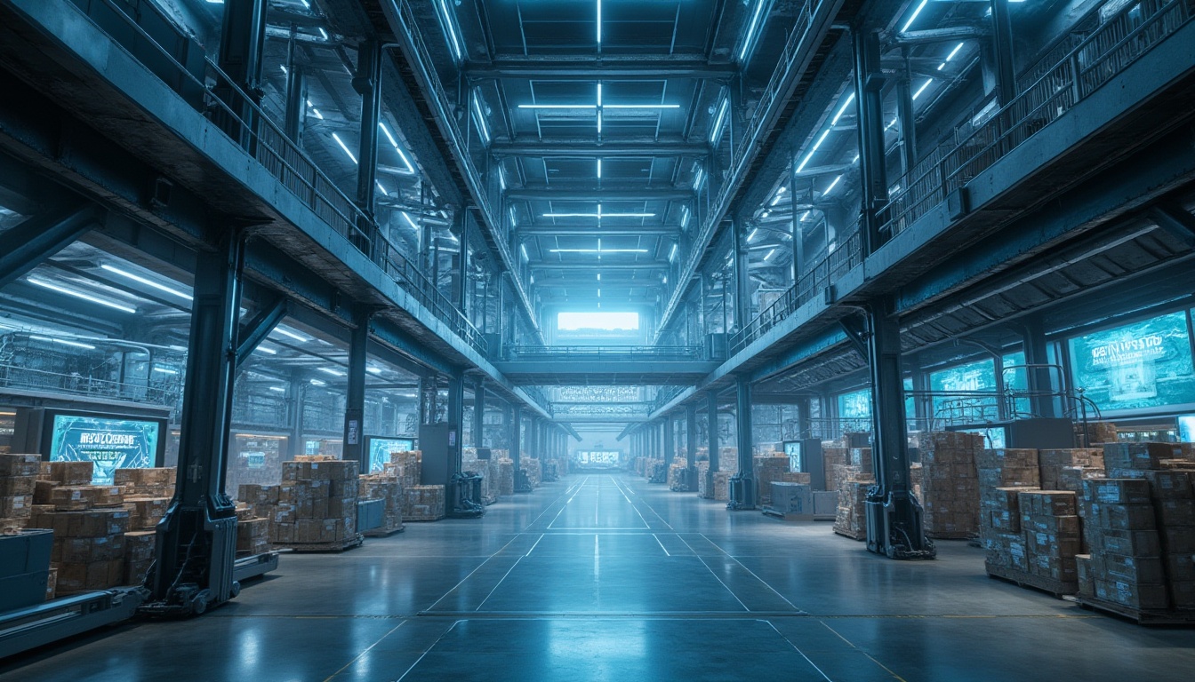 Prompt: High-tech distribution center, futuristic interior, metallic structure, neon lights, robotic arms, automated shelves, holographic screens, transparent glass walls, sleek metal beams, polished concrete floor, industrial pipes, minimalist decor, 3/4 composition, low-angle shot, cinematic lighting, shallow depth of field, urban cityscape outside, skyscrapers in the background, night scene, misty atmosphere.