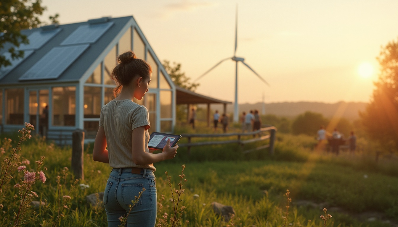 Prompt: Rural landscape, futuristic farmhouse, blend of nature and high-tech design, woman in her 30s, casual wear, ponytail, minimal makeup, holding a tablet, standing near a transparent greenhouse, lush greenery surrounding, solar panels on the roof, wind turbines in the distance, rustic wooden fence, wildflowers blooming, sunset with warm golden light, soft focus, shallow depth of field, cinematic composition, natural textures, futuristic materials, ambient lighting, peaceful atmosphere.