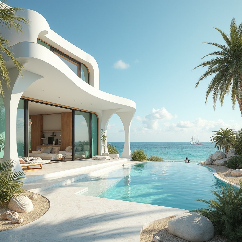 Prompt: Coastal villa, modern-traditional fusion, white walls, curved lines, turquoise windows, wooden accents, seashell decorations, palm trees surroundings, sandy beach, clear blue sky, gentle ocean breeze, warm sunlight, 3/4 composition, shallow depth of field, symmetrical architecture, Mediterranean style, luxurious interior, marble floors, minimalistic furniture, large glass doors, balcony with ocean view, sailboats in the distance.